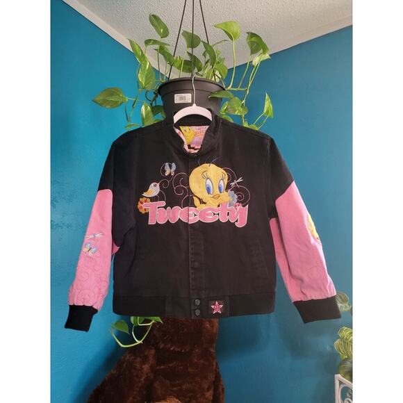 Rare Tweety Bird Bomber Racecar Jacket Button Up Youth 9-10 L - Picture 1 of 7